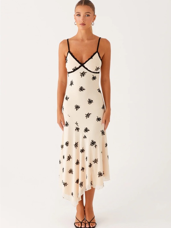 Peppermayo Dresses & Skirts - NWT Peppermayo Amelia Mid Dress Lace-Trim in Cream with Black Floral Appliqué